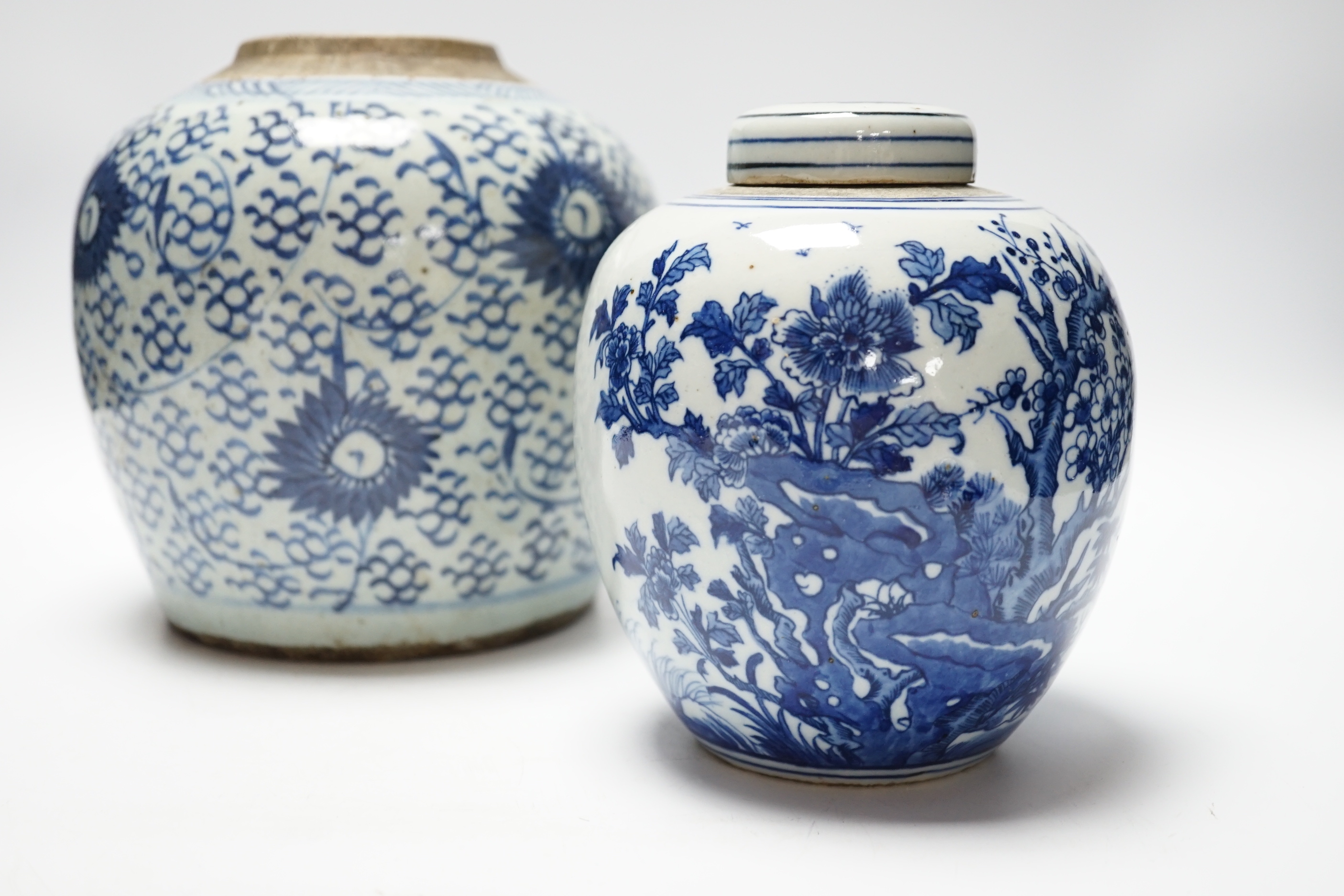 A Chinese blue and white jar and cover and another without cover, Qing dynasty and later largest 19cm high